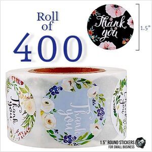 1.5" THANK YOU STICKERS IN 8 FLORAL WREATH DESIGNS BULK ROLL 400 SMALL BUSINESS